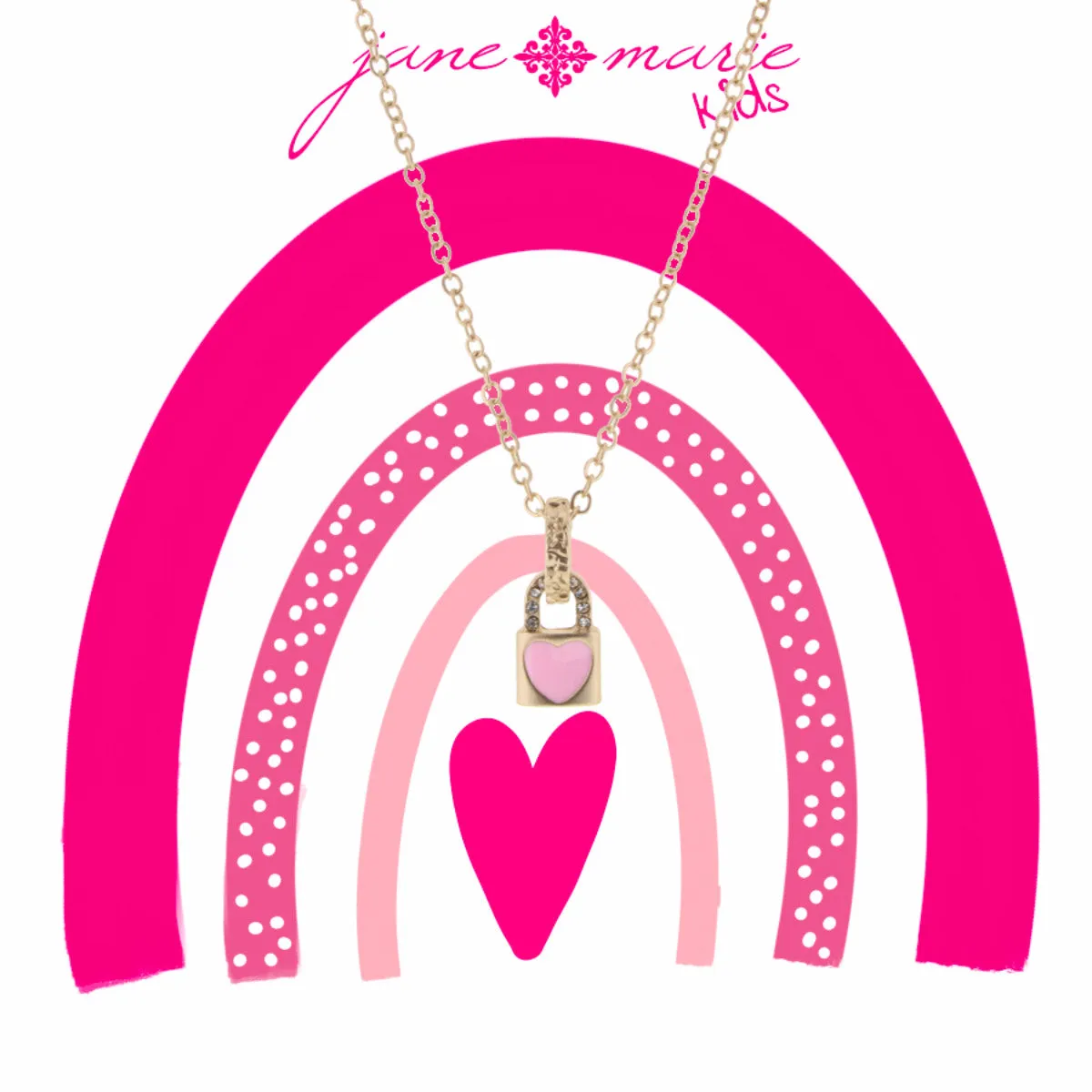 14K Gold Lock Necklace for Kids with Pink Heart Pendant and 2 Extensions