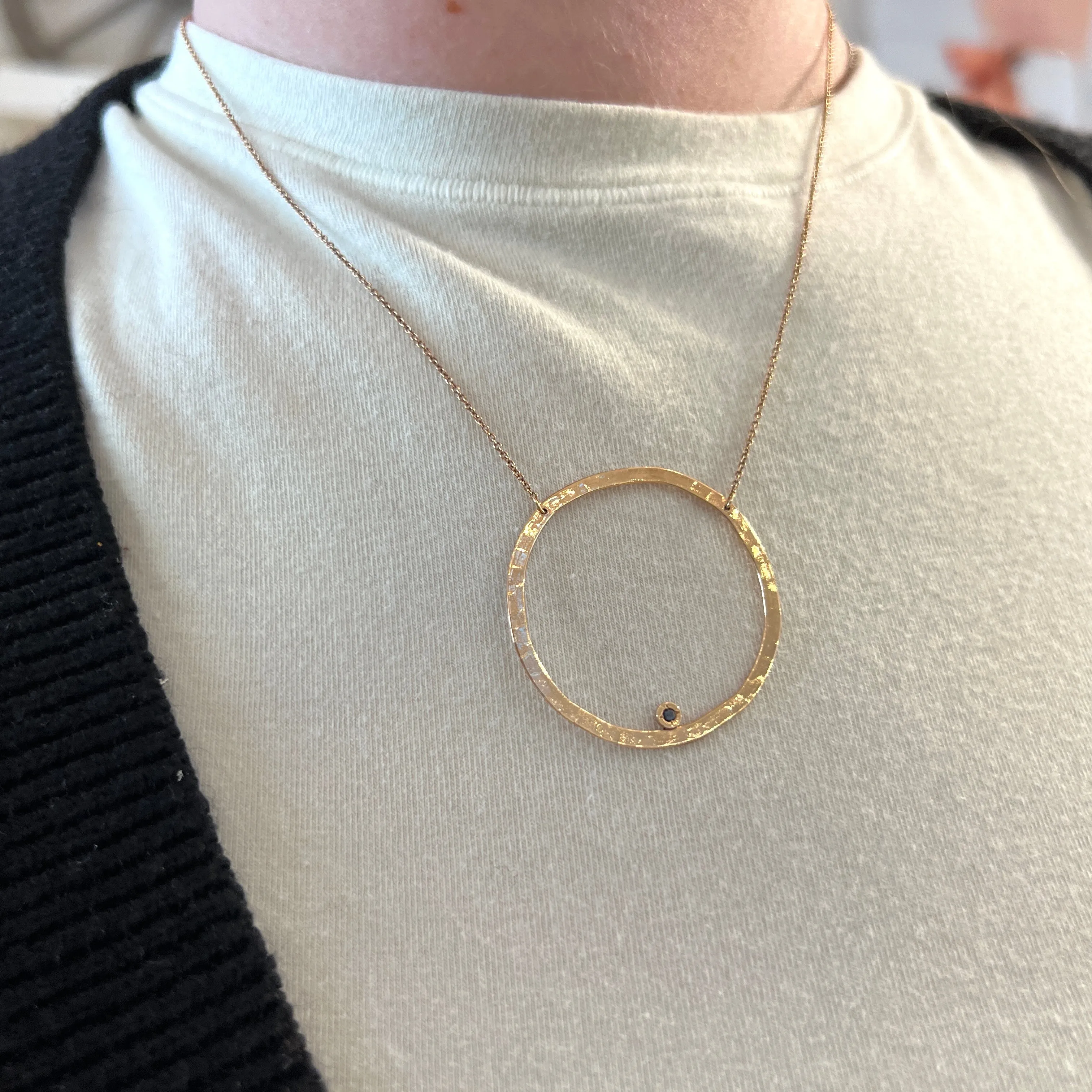 Bezel Diamond Necklace - Large Hammered Circle Pendant in 14kt Gold (WD72)