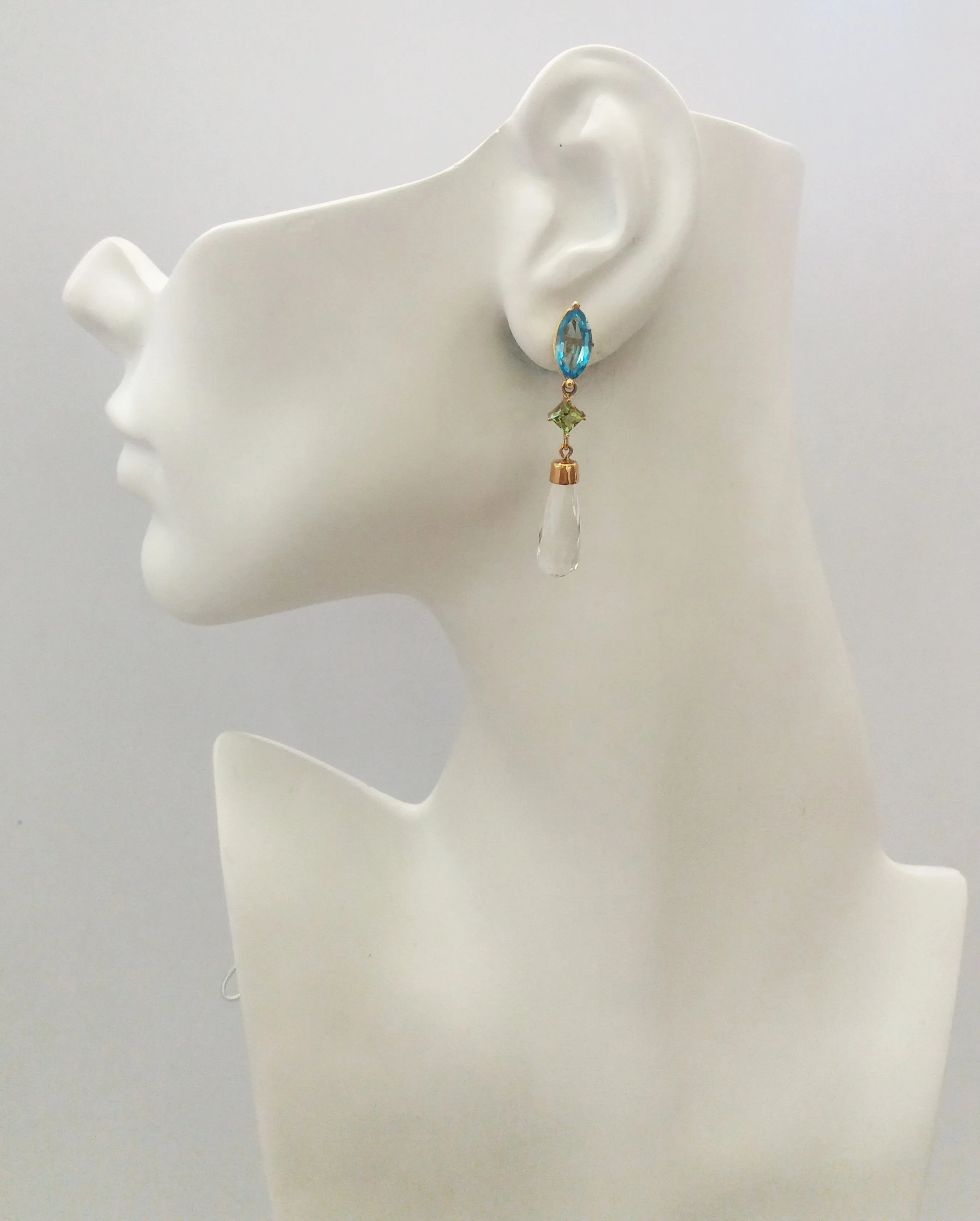 Blue Topaz Stud Earrings with Peridot and White Quartz Drop Twinset