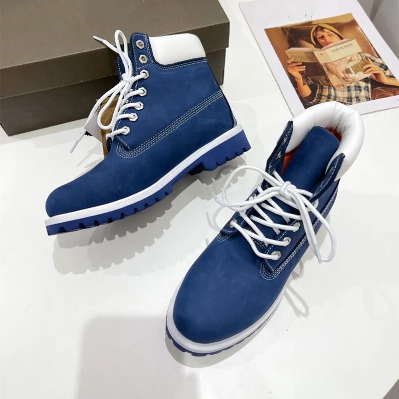 British Men's Blue Suede Lace Up Boots with Warm Round Toe.