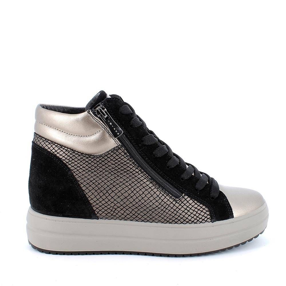 Bronze-black women's leather sneakers with internal wedge heel.