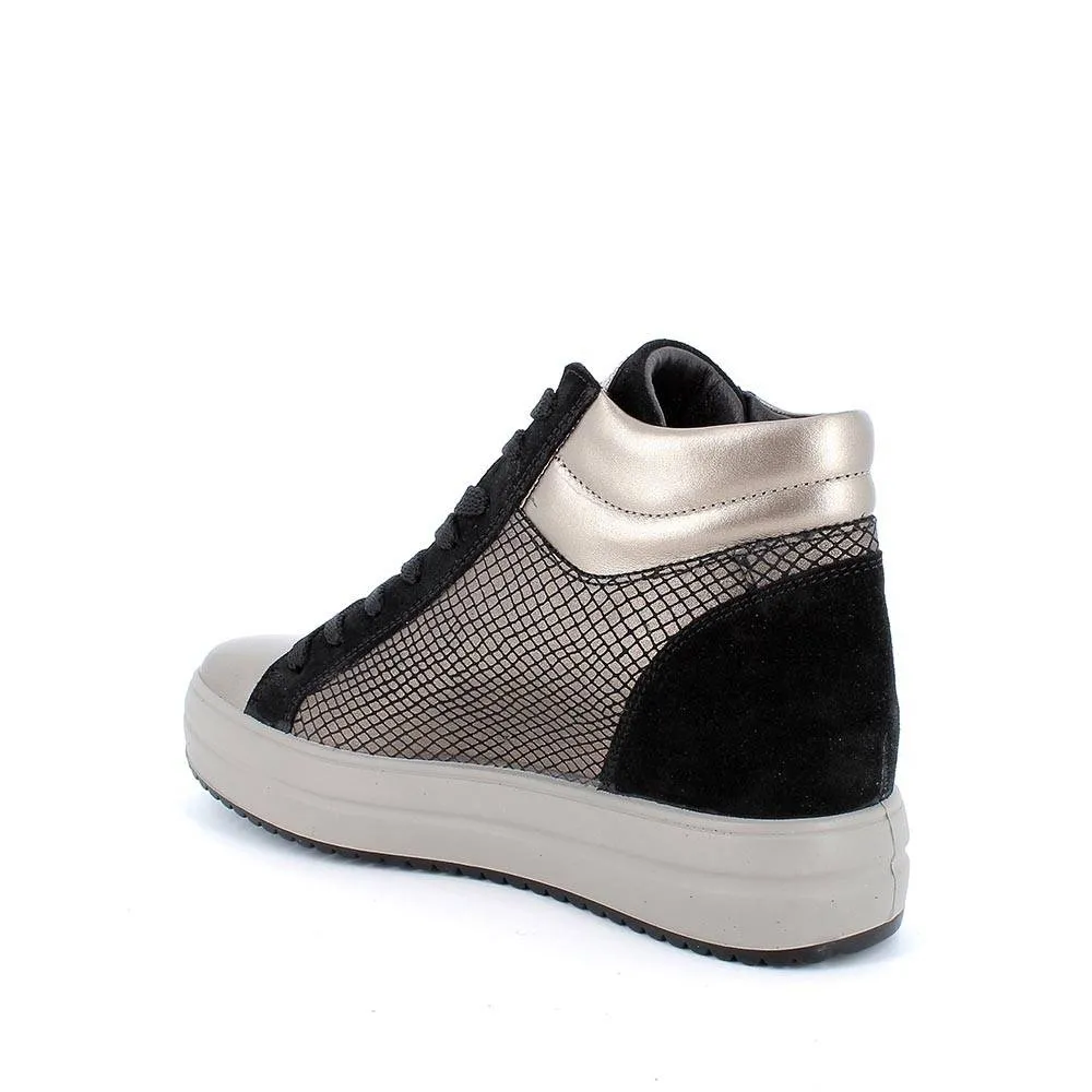 Bronze-black women's leather sneakers with internal wedge heel.