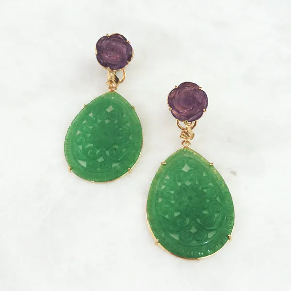 Carved Flower Amethyst Stud Earrings with Citrine and Carved Green Jade Twinset