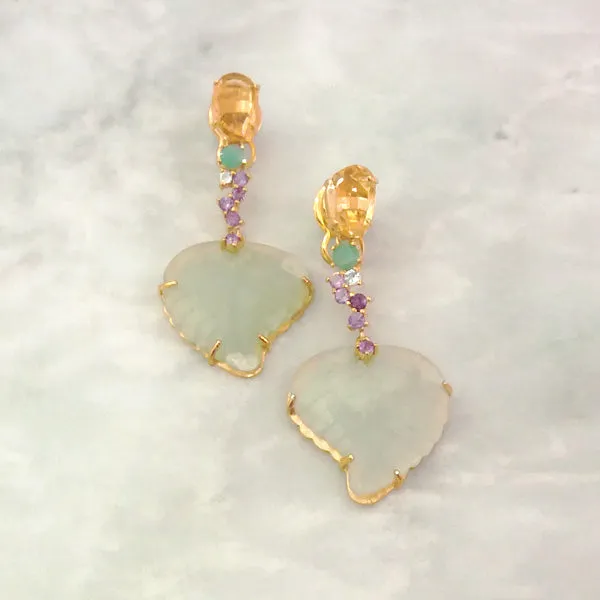 Citrine Stud Earrings with Jade, White Topaz, Amethyst, and Carved Jade Leaf Twinset