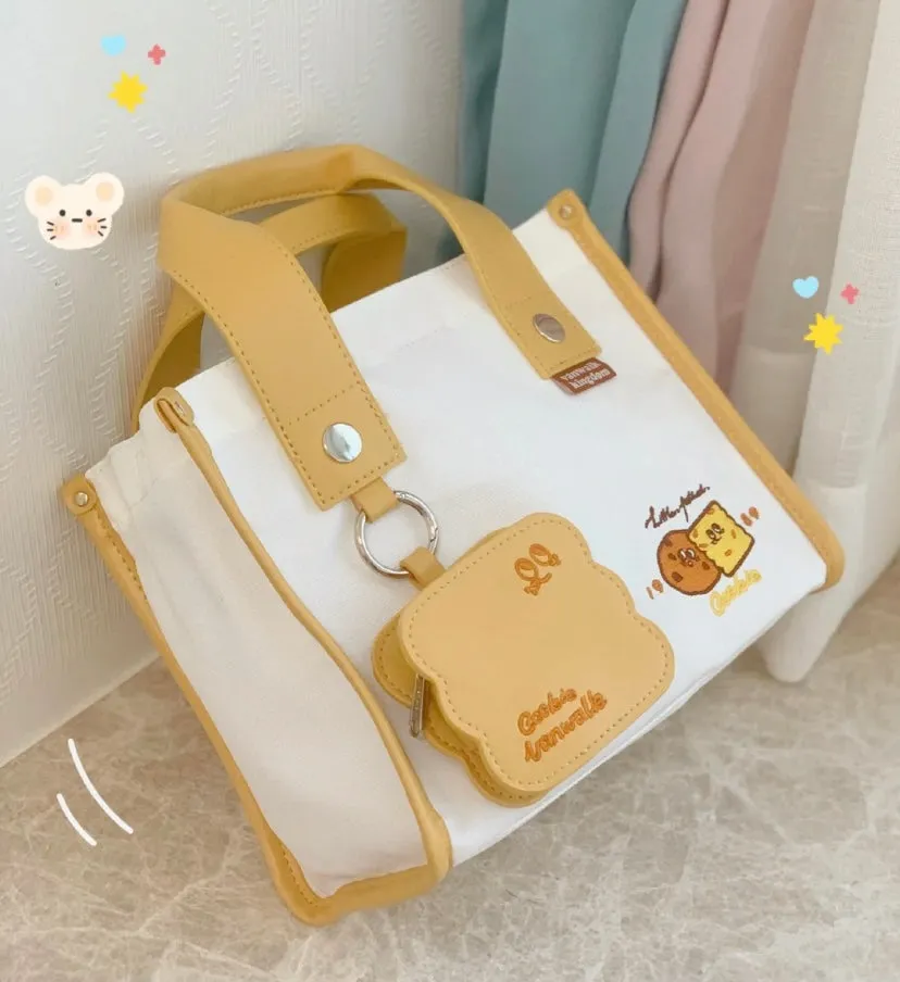 Cookie print canvas crossbody tote bag