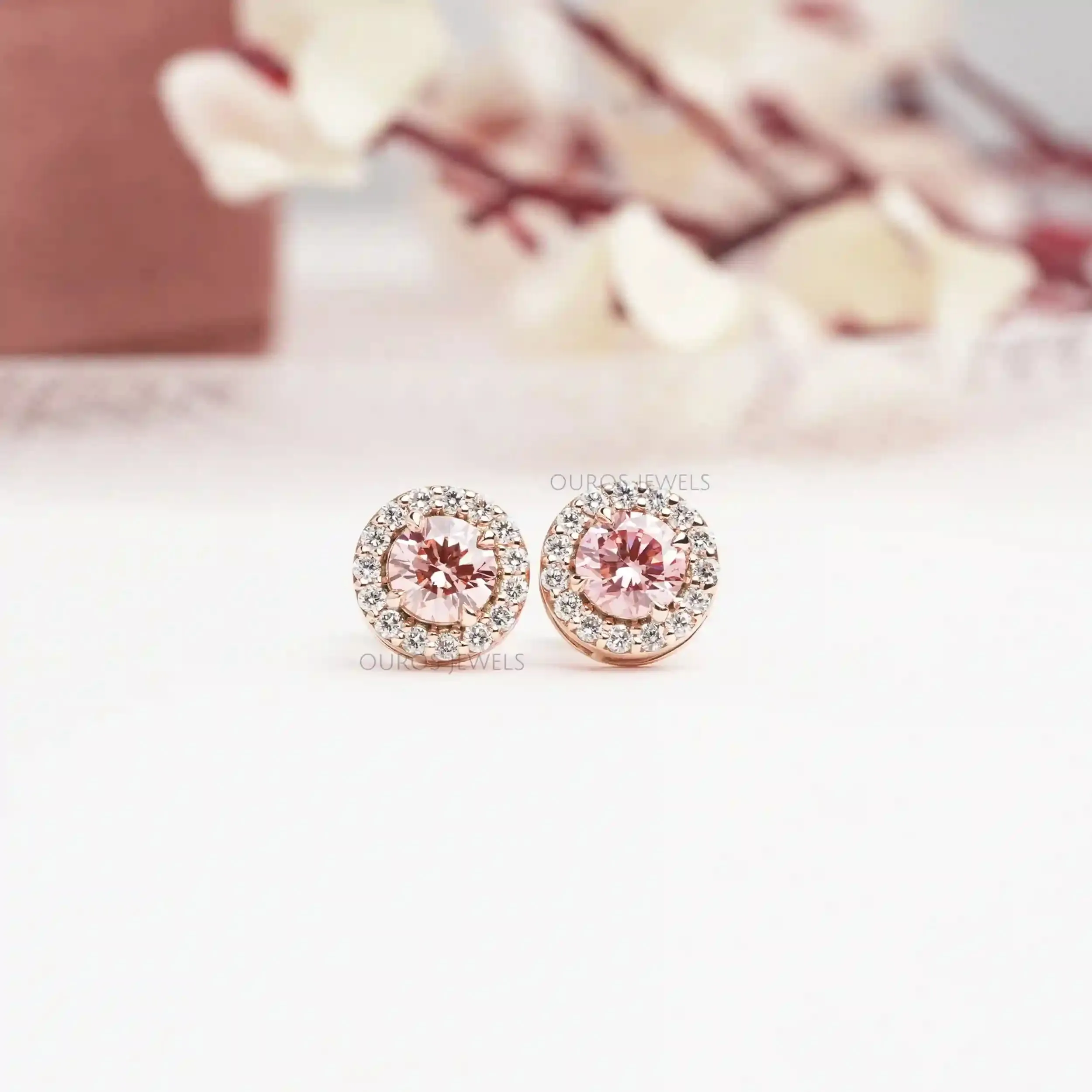 Fancy Color Round Cut Halo Diamond  Stud Earrings