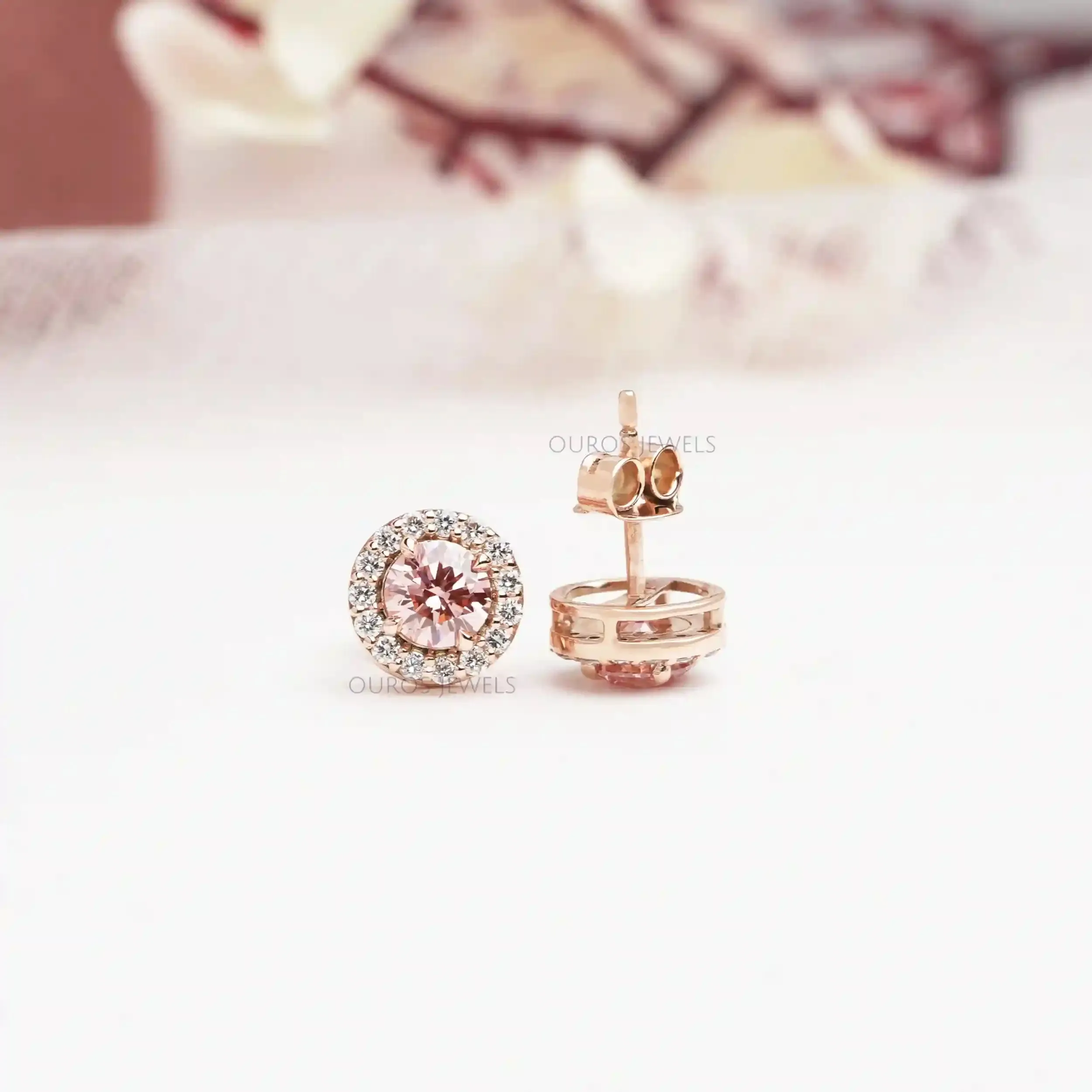 Fancy Color Round Cut Halo Diamond  Stud Earrings