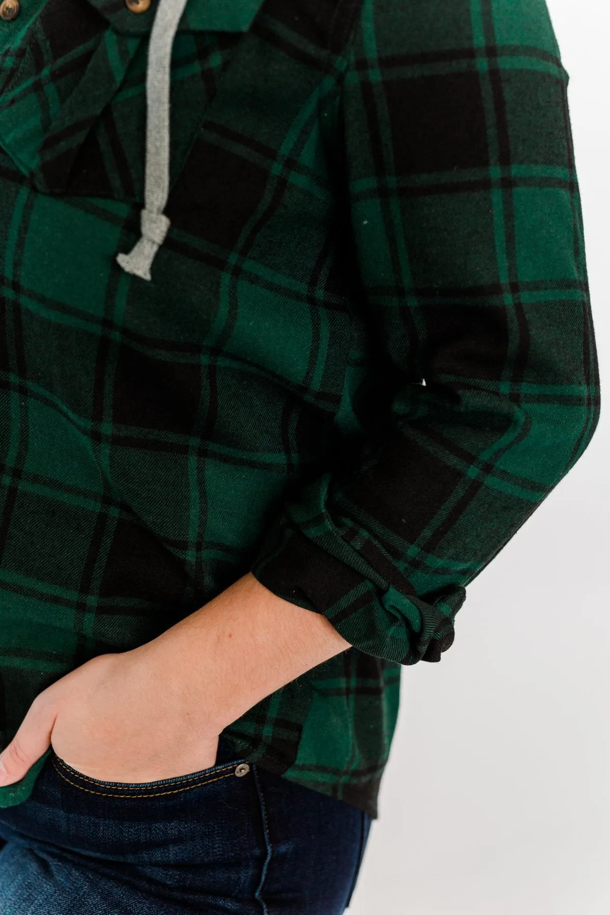Festivities Hooded Plaid Top, Emerald Green