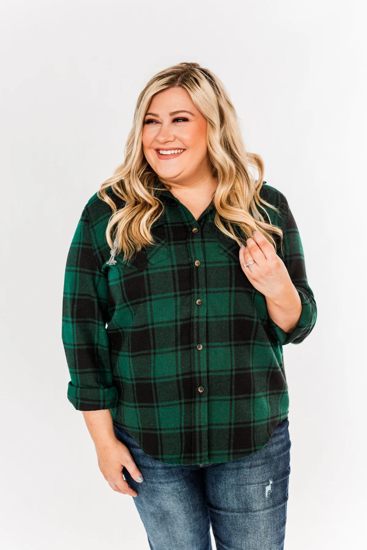 Festivities Hooded Plaid Top, Emerald Green