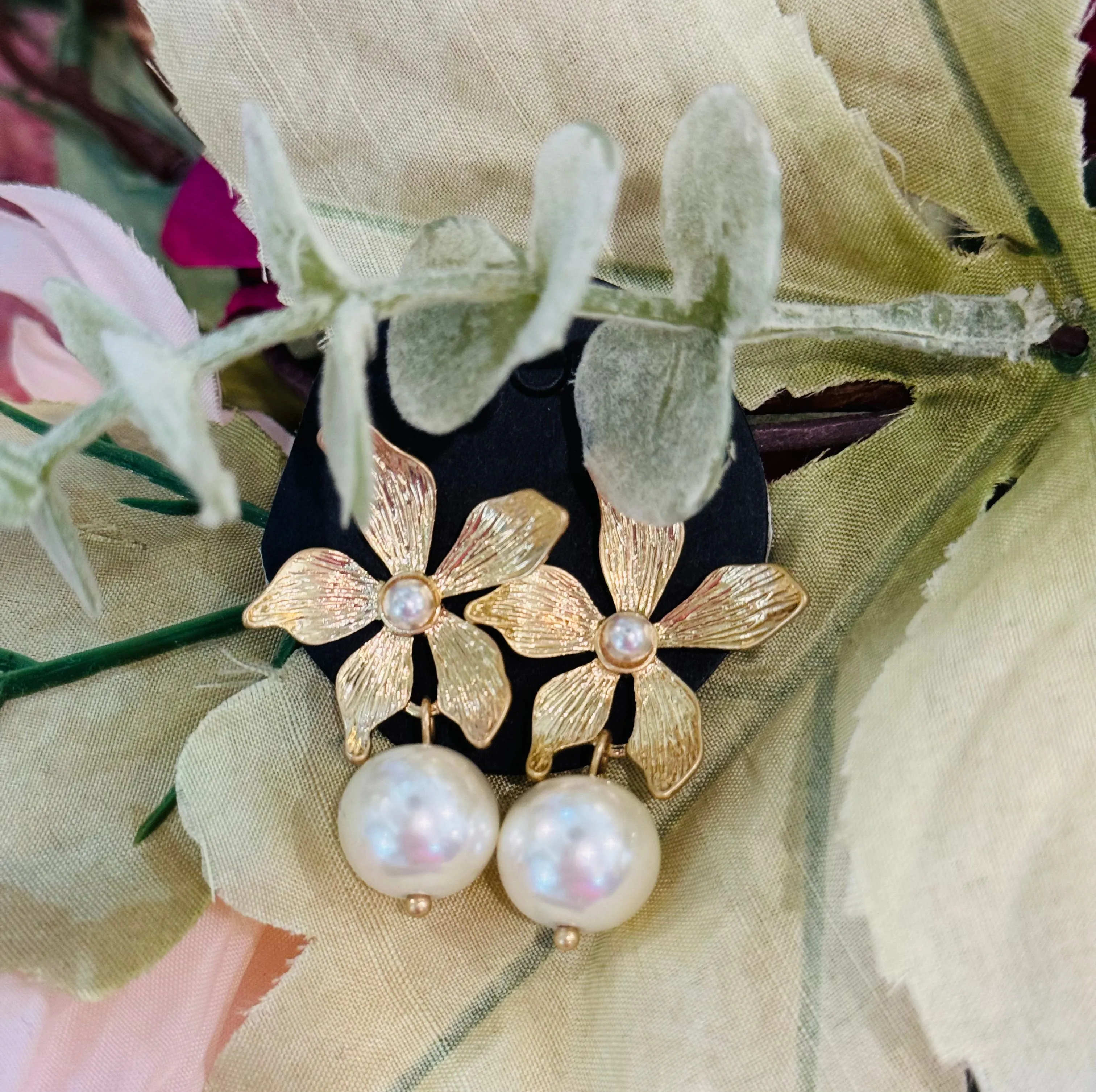 Flower and Pearl Earrings, Floral Pearl Earrings