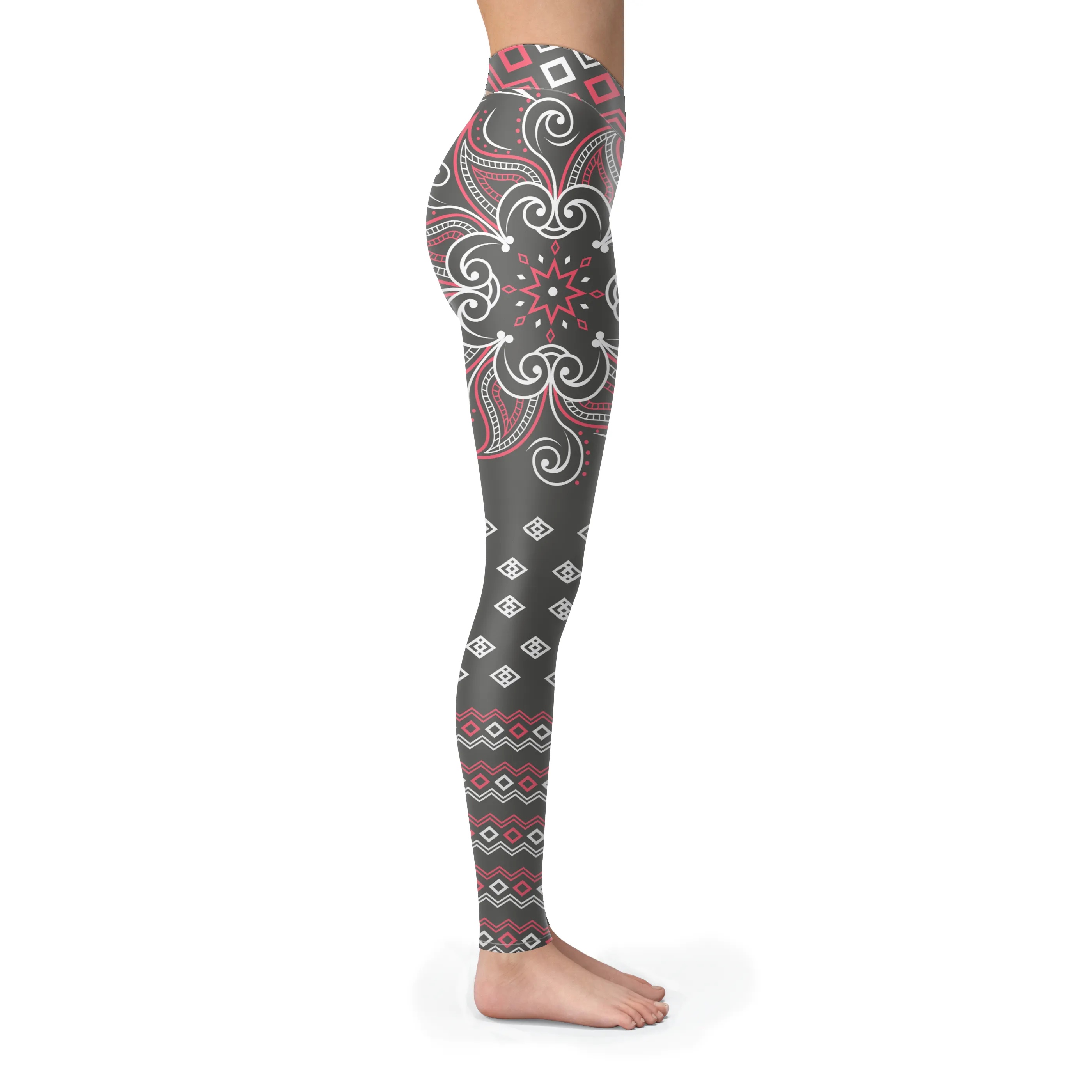 Gray and Pink Mandala Print Leggings.