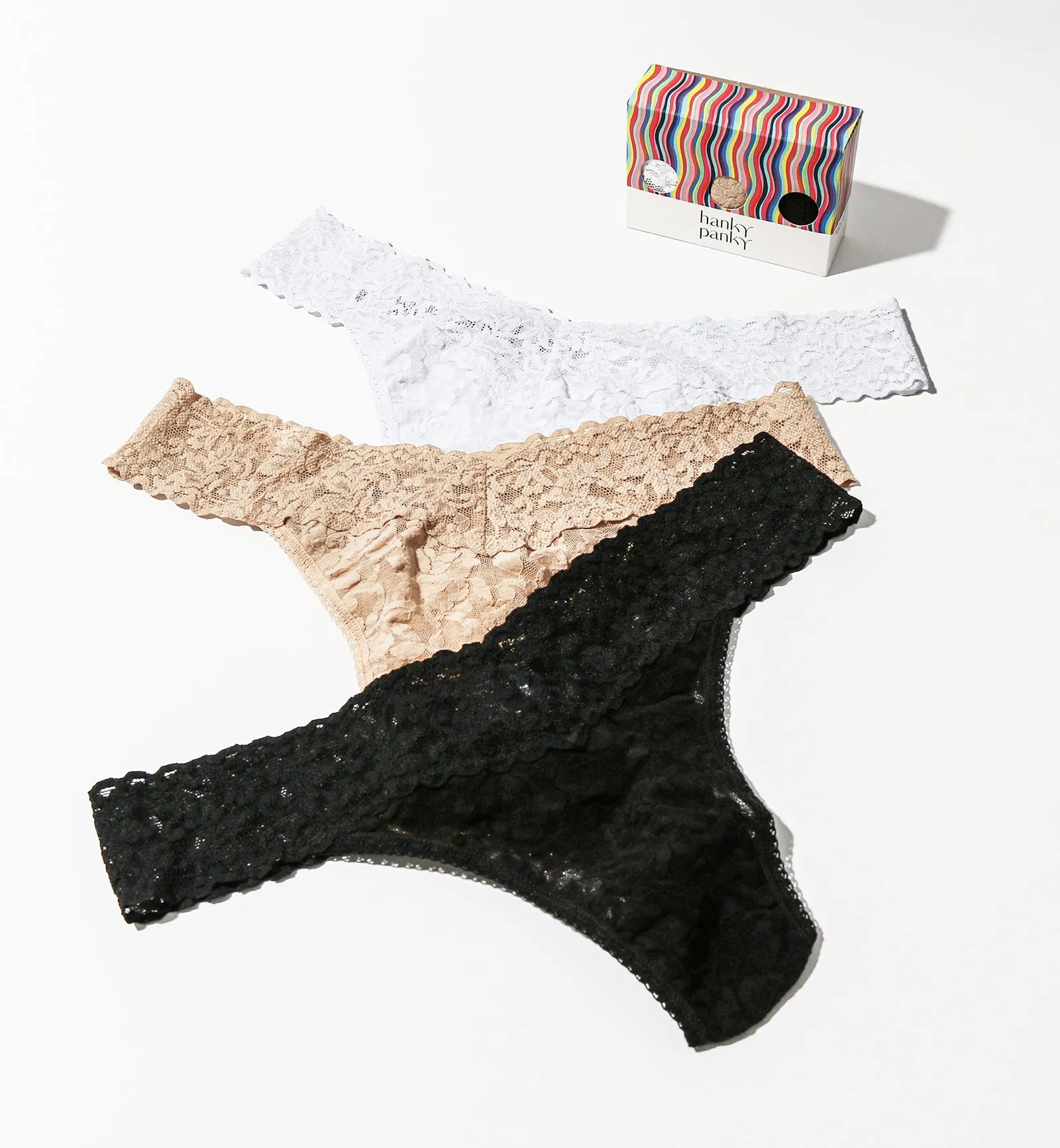 Hanky Panky 3-PACK Lace Thong - Black/White/Chai (48113PK)