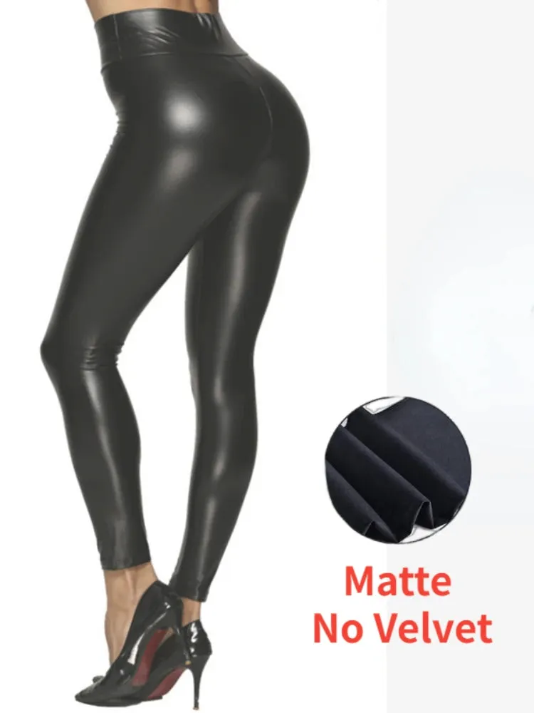 High Waist Push Up Faux Leather Leggings - Women