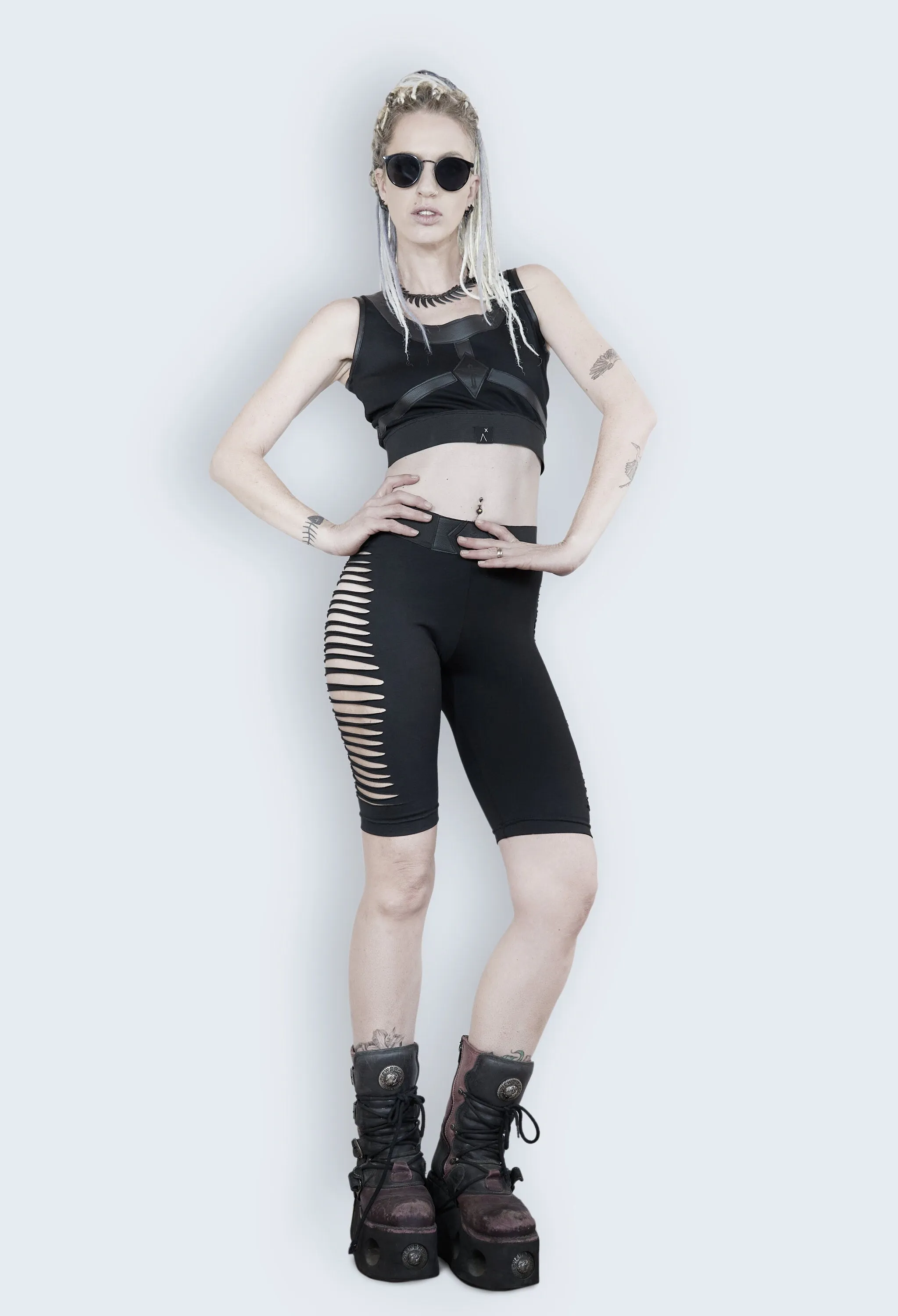 High waisted leather biker leggings with slashed and cut details.