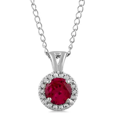 Jewelili 10K White Gold With Lab Ruby Halo Pendant Necklace, 18 Rope Chain