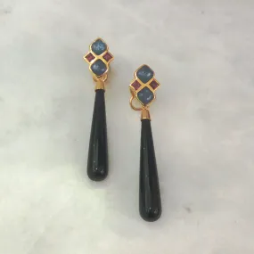 Kyanite Rhodolite Garnet Stud Long Black Agate Twinset Earrings