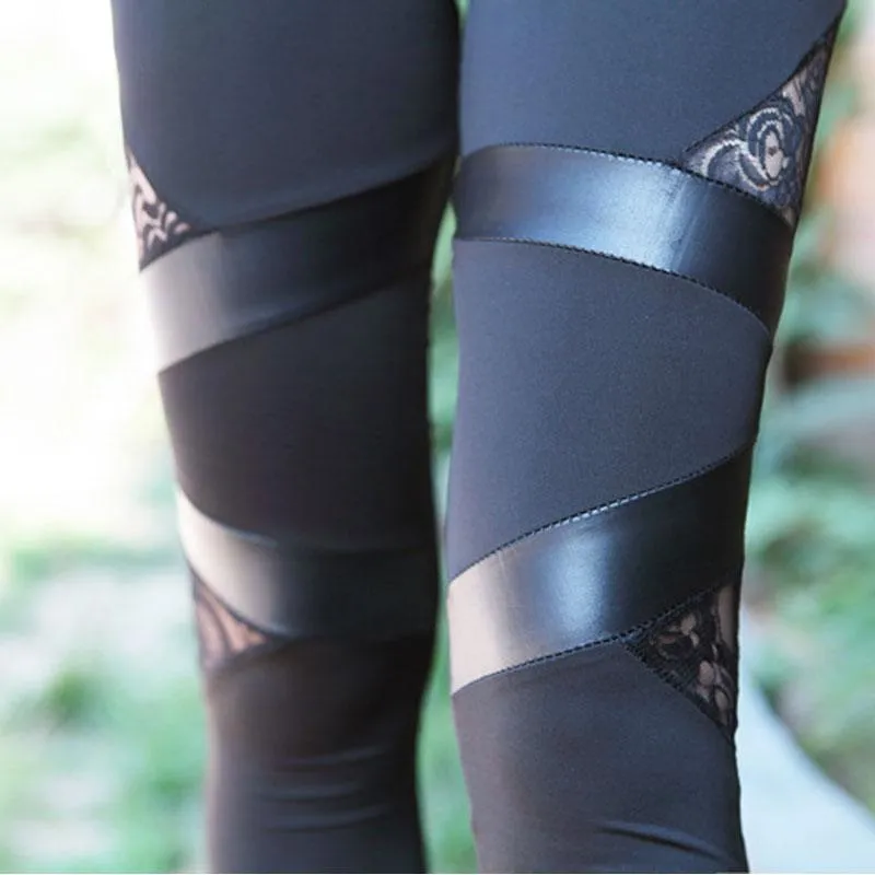 Lace PU Spliced Stretch Leather Leggings
