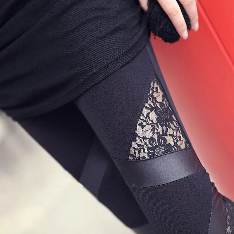 Lace PU Spliced Stretch Leather Leggings