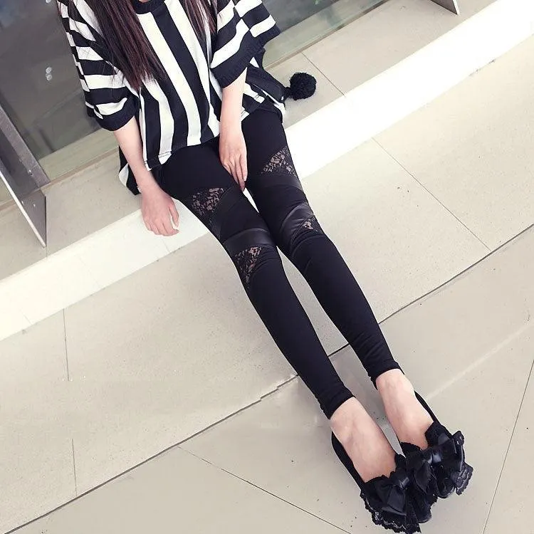 Lace PU Spliced Stretch Leather Leggings