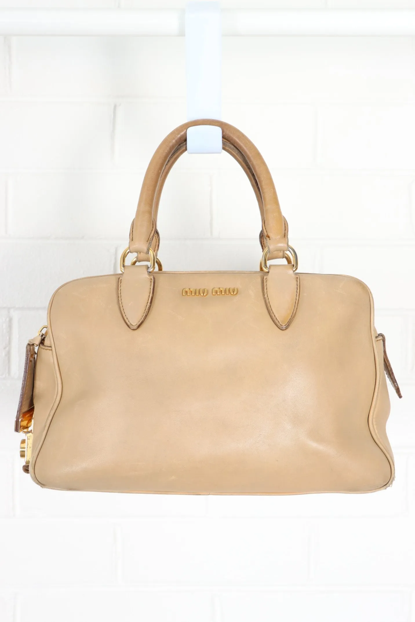 MIU MIU Camel Tan Leather Bowling Tote Bag