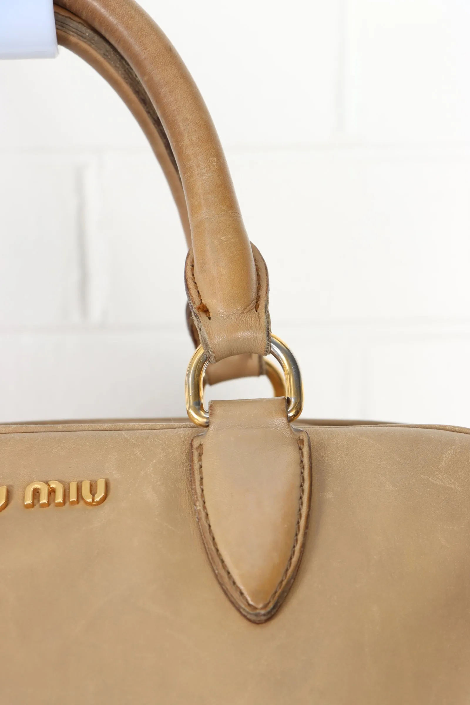 MIU MIU Camel Tan Leather Bowling Tote Bag