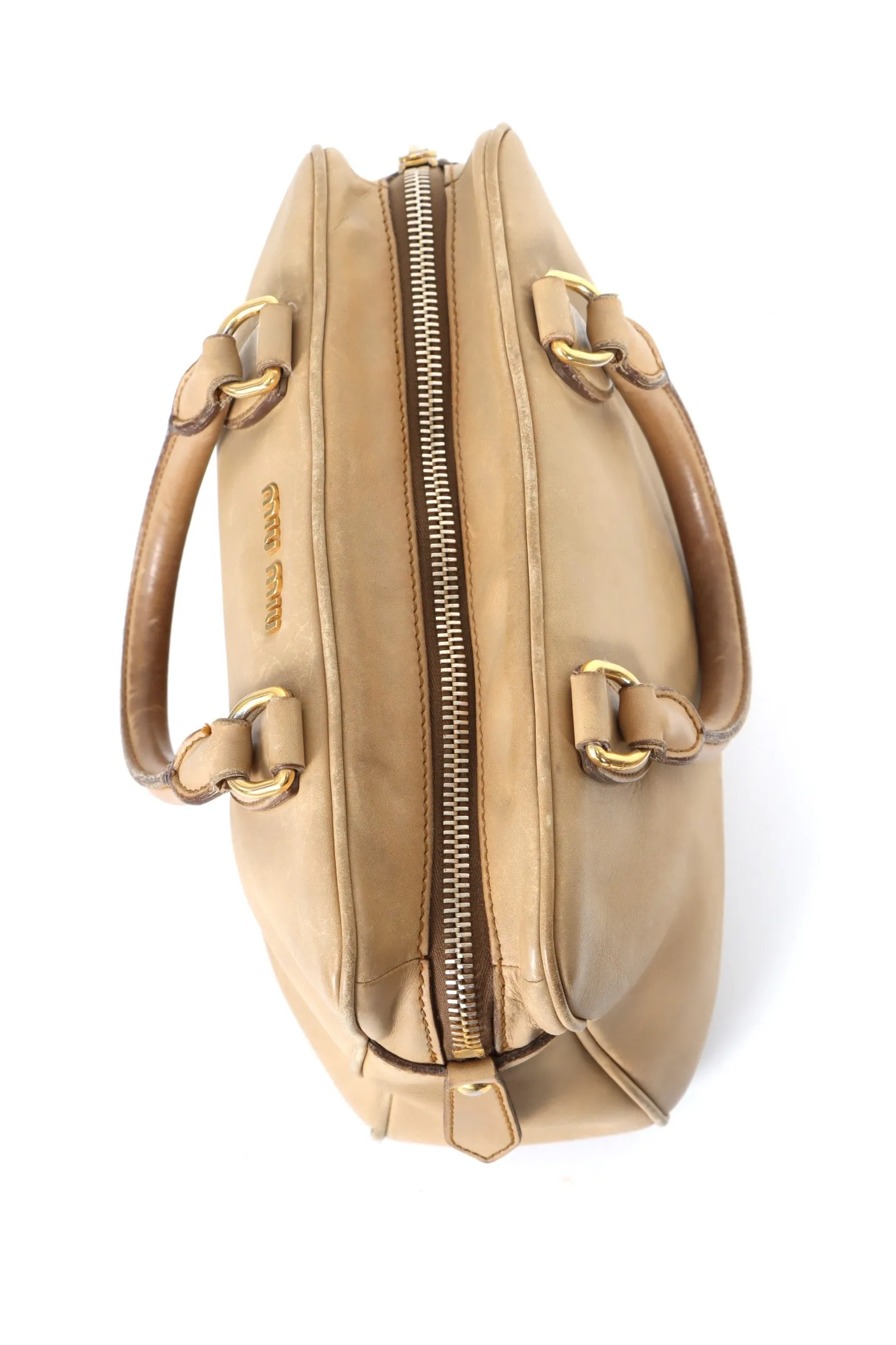 MIU MIU Camel Tan Leather Bowling Tote Bag