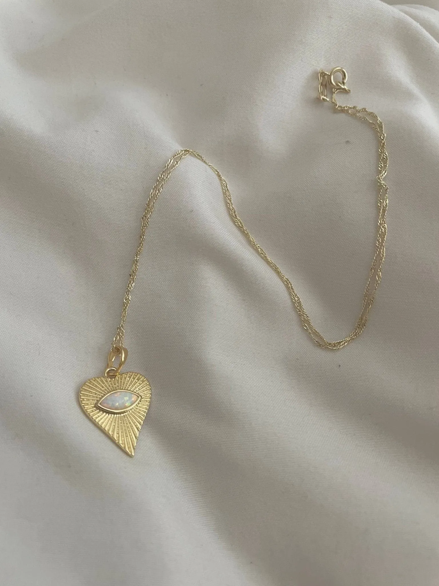 Ocean Heart Opal Necklace - Evil Eye Heart Pendant - White Opal - Gold Filled