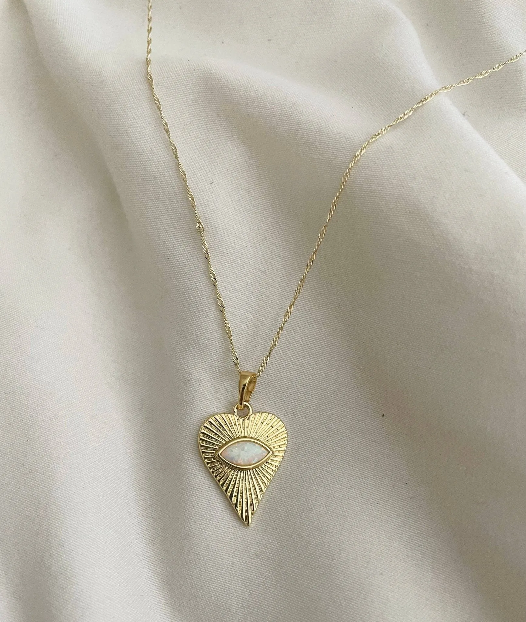 Ocean Heart Opal Necklace - Evil Eye Heart Pendant - White Opal - Gold Filled