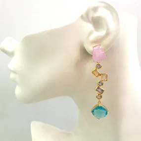 Pink Quartz Stud Earrings with Blue Topaz, Citrine, Amethyst and Detachable Blue Topaz Twinset