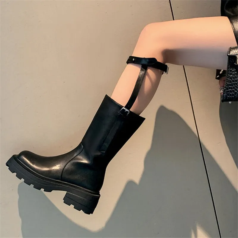 Punk Style Square Toe Mid Calf Boots with Belt Buckle Platform - Women's