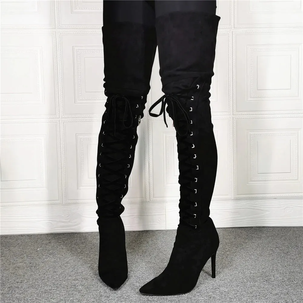 Sexy Over-the-knee Stiletto Boots with Cross-tied and Side Zipper