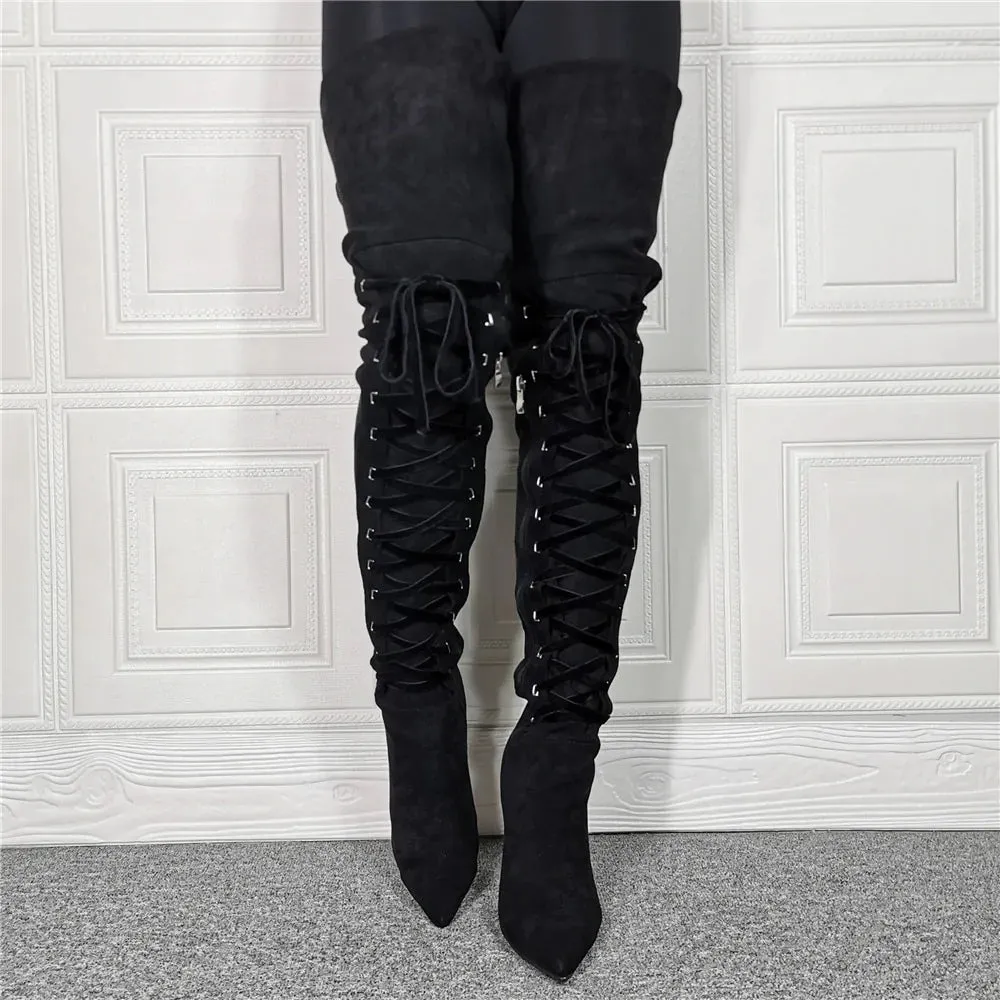 Sexy Over-the-knee Stiletto Boots with Cross-tied and Side Zipper