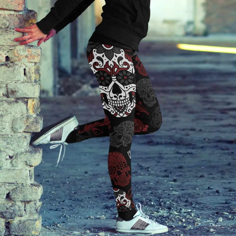 Sugar Skull Black Red Leggings Yoga Pants - Shop Now