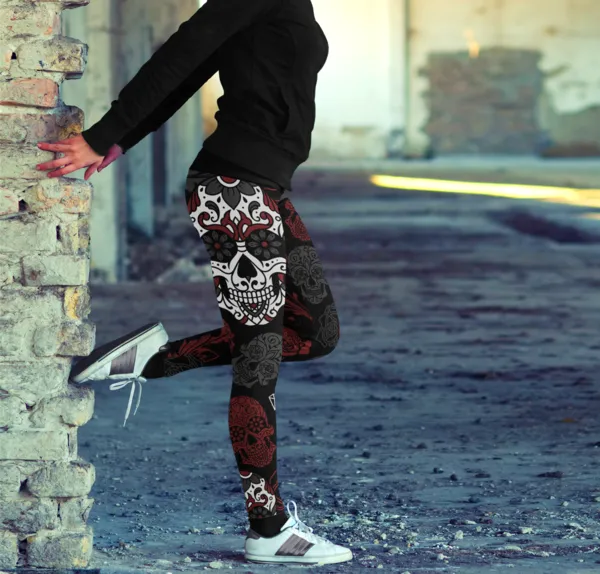 Sugar Skull Black Red Leggings Yoga Pants - Shop Now