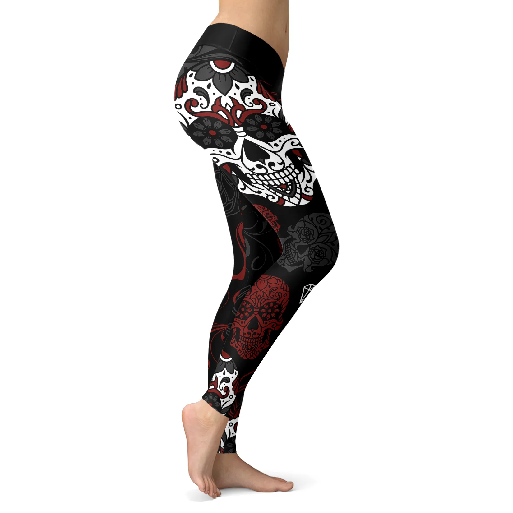 Sugar Skull Black Red Leggings Yoga Pants - Shop Now