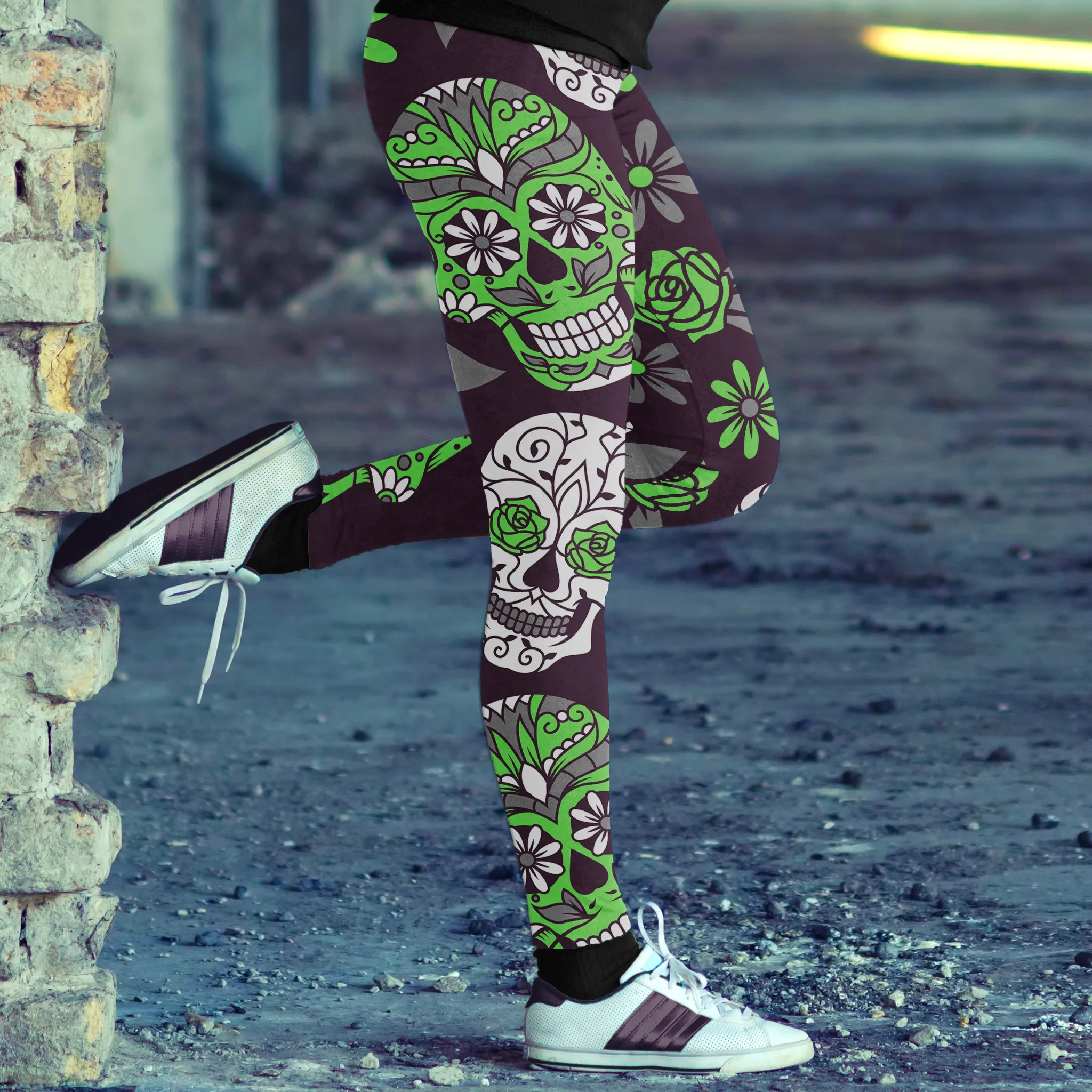 Sugar Skull Green Purple Leggings Yoga Pants