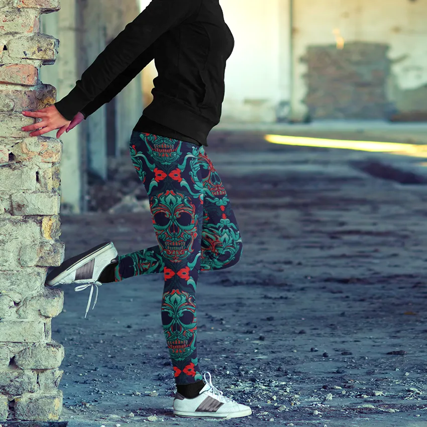 Sugar Skull Leggings, Ornamental Skulls Yoga Pants