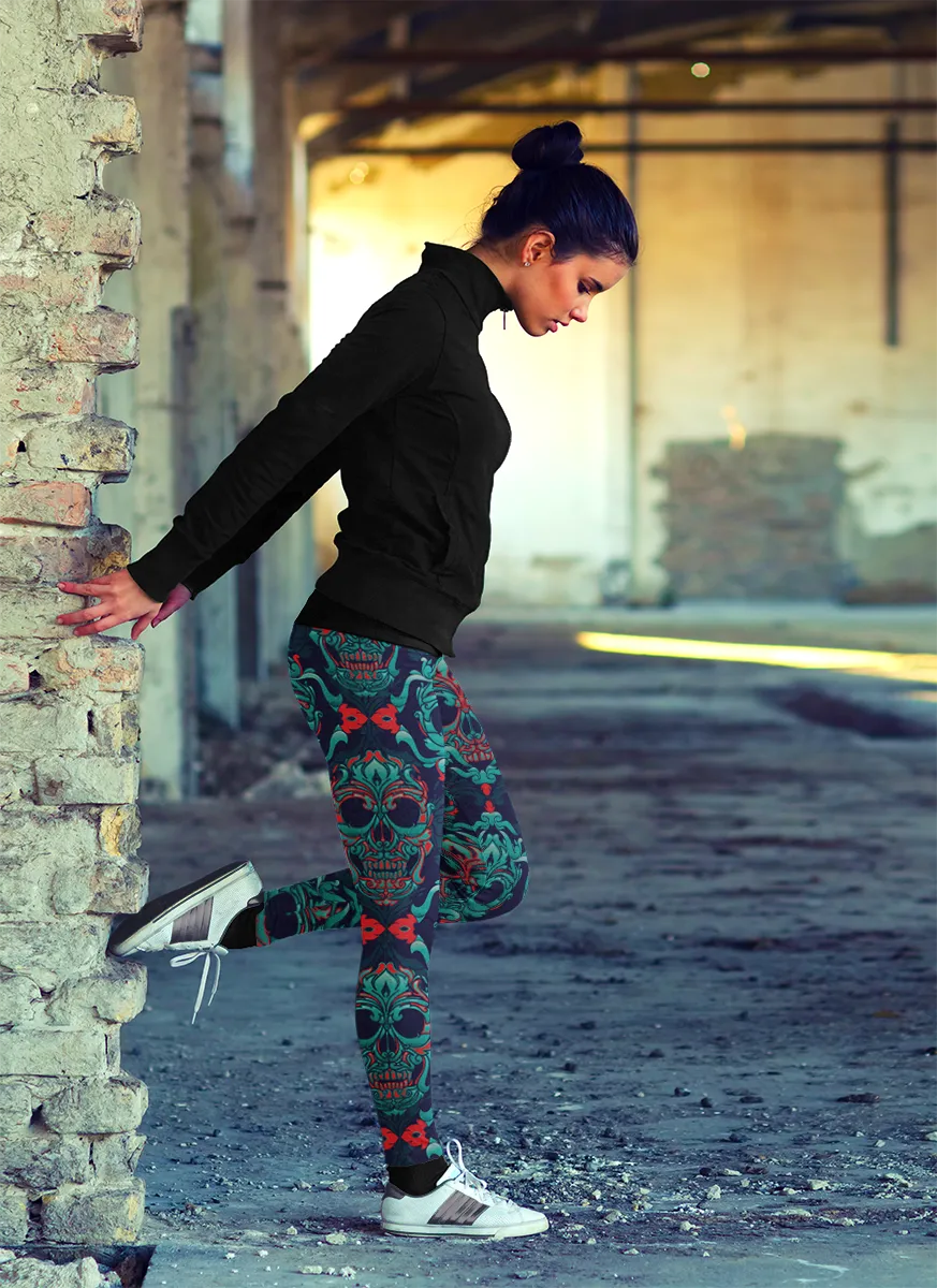 Sugar Skull Leggings, Ornamental Skulls Yoga Pants