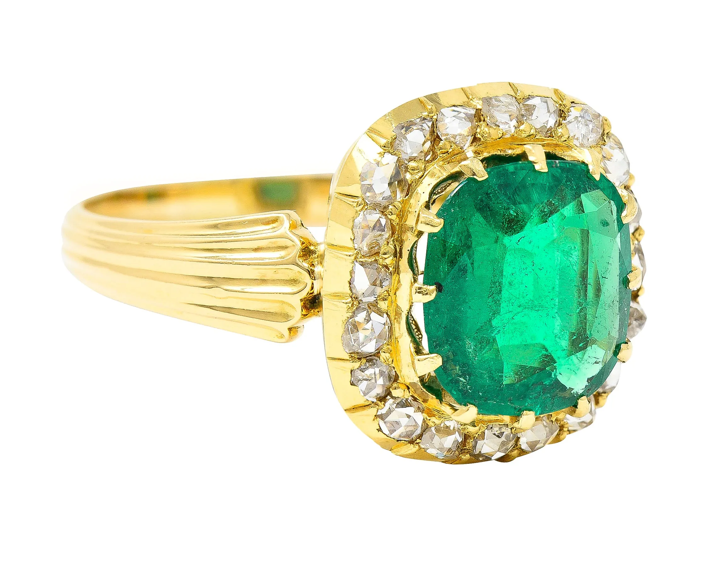 Victorian 2.78 CTW Cushion Cut Colombian Emerald Diamond 18 Karat Yellow Gold Antique Halo Ring AGL