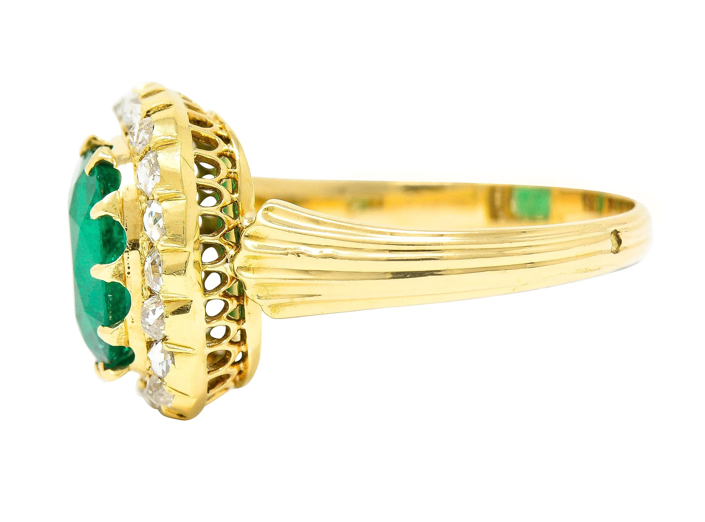Victorian 2.78 CTW Cushion Cut Colombian Emerald Diamond 18 Karat Yellow Gold Antique Halo Ring AGL