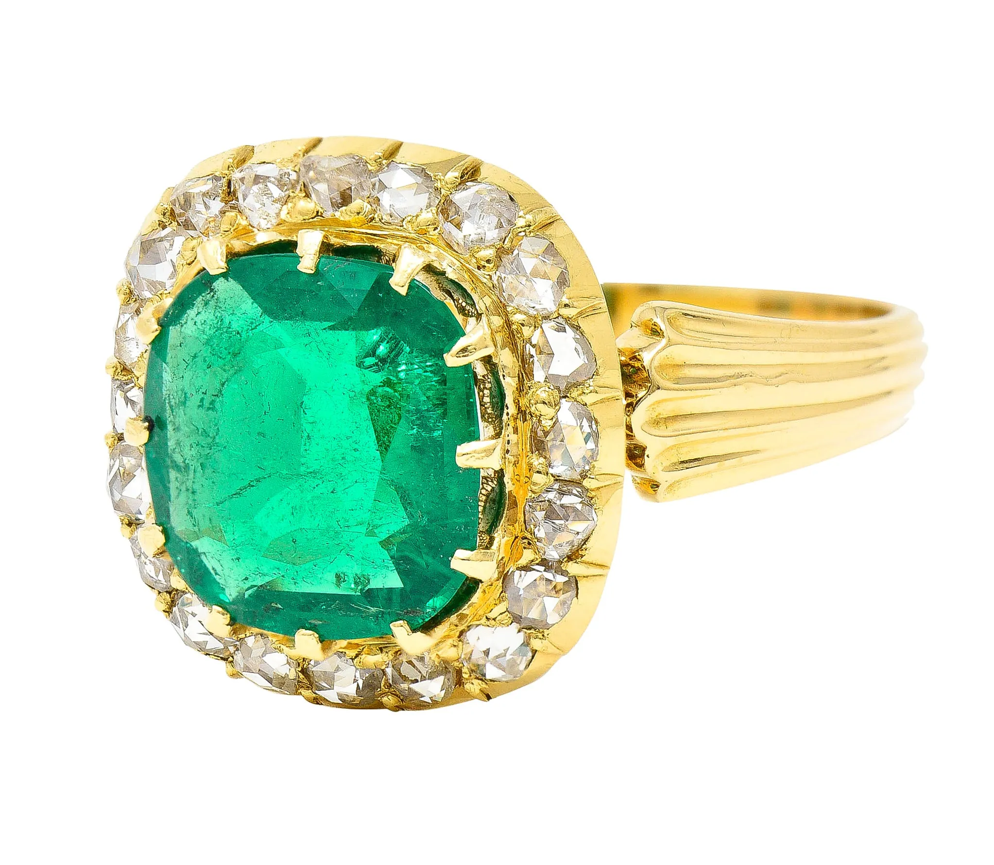 Victorian 2.78 CTW Cushion Cut Colombian Emerald Diamond 18 Karat Yellow Gold Antique Halo Ring AGL