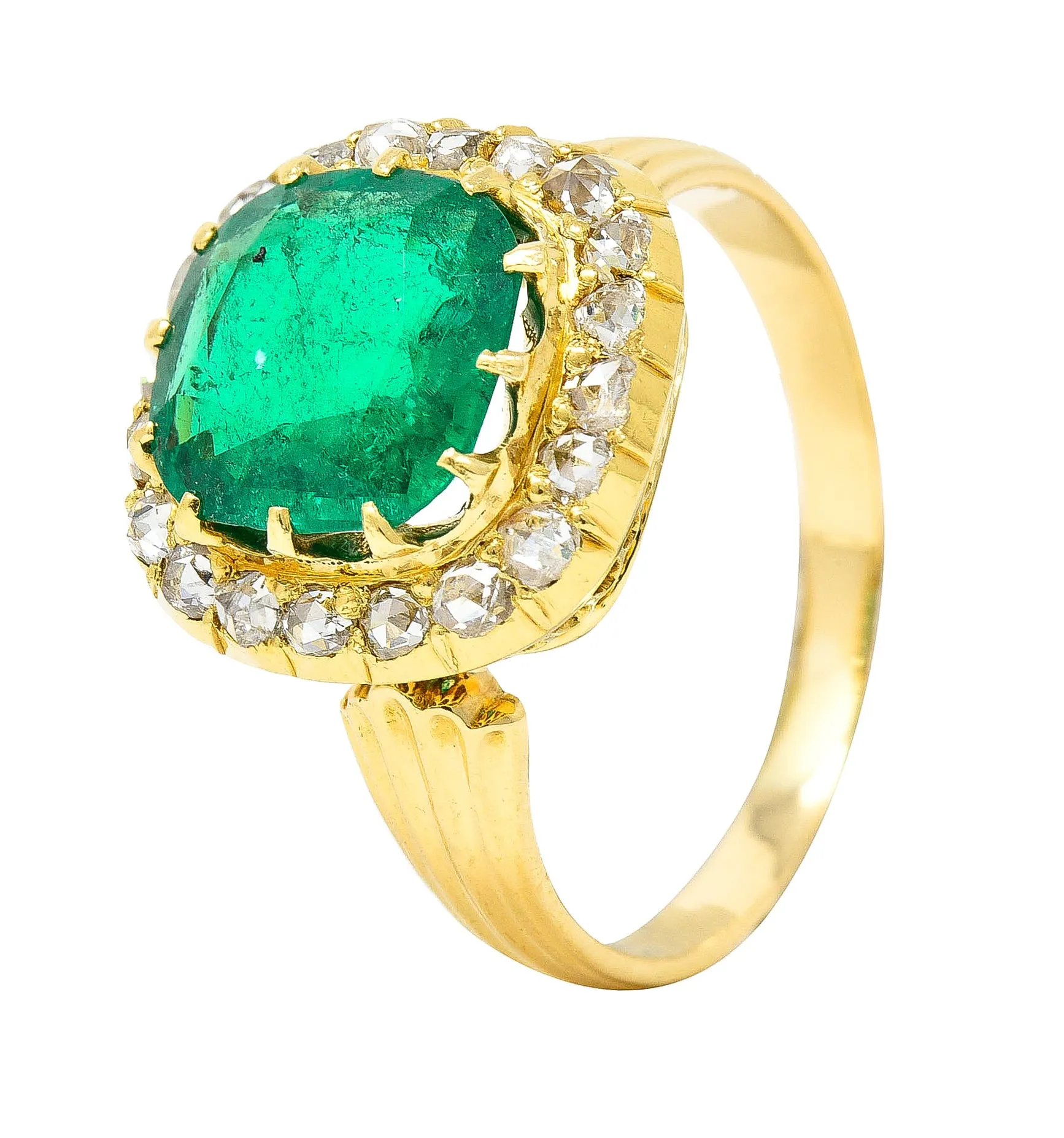 Victorian 2.78 CTW Cushion Cut Colombian Emerald Diamond 18 Karat Yellow Gold Antique Halo Ring AGL