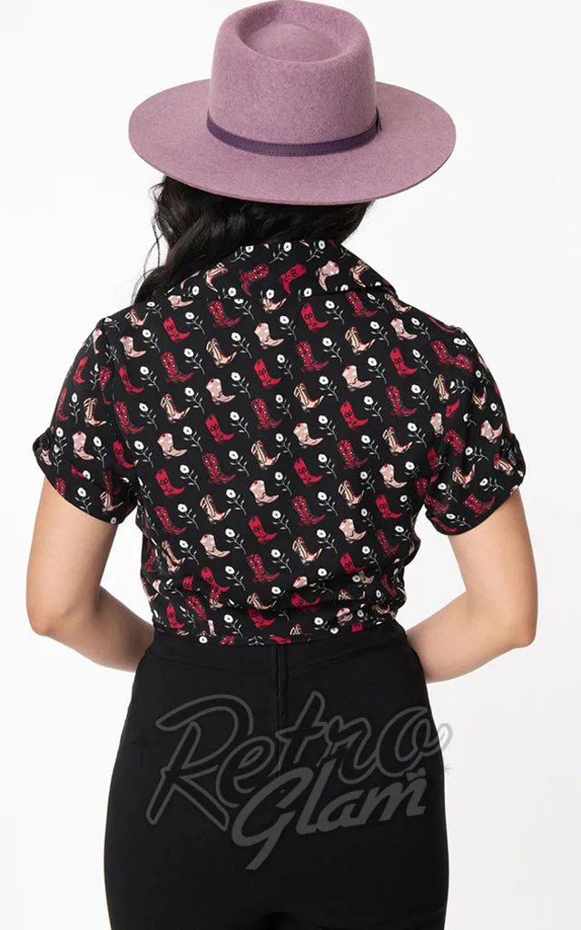 Vintage Black Cowboy Boots Shirley Crop Top - Size 1XL - Limited Stock