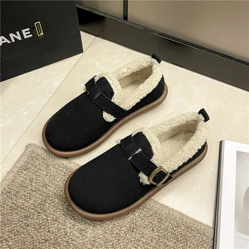 Winter Retro Slip On New Lace-Up Rubber Flock Leisure Shoes Women's Flats - Round Toe