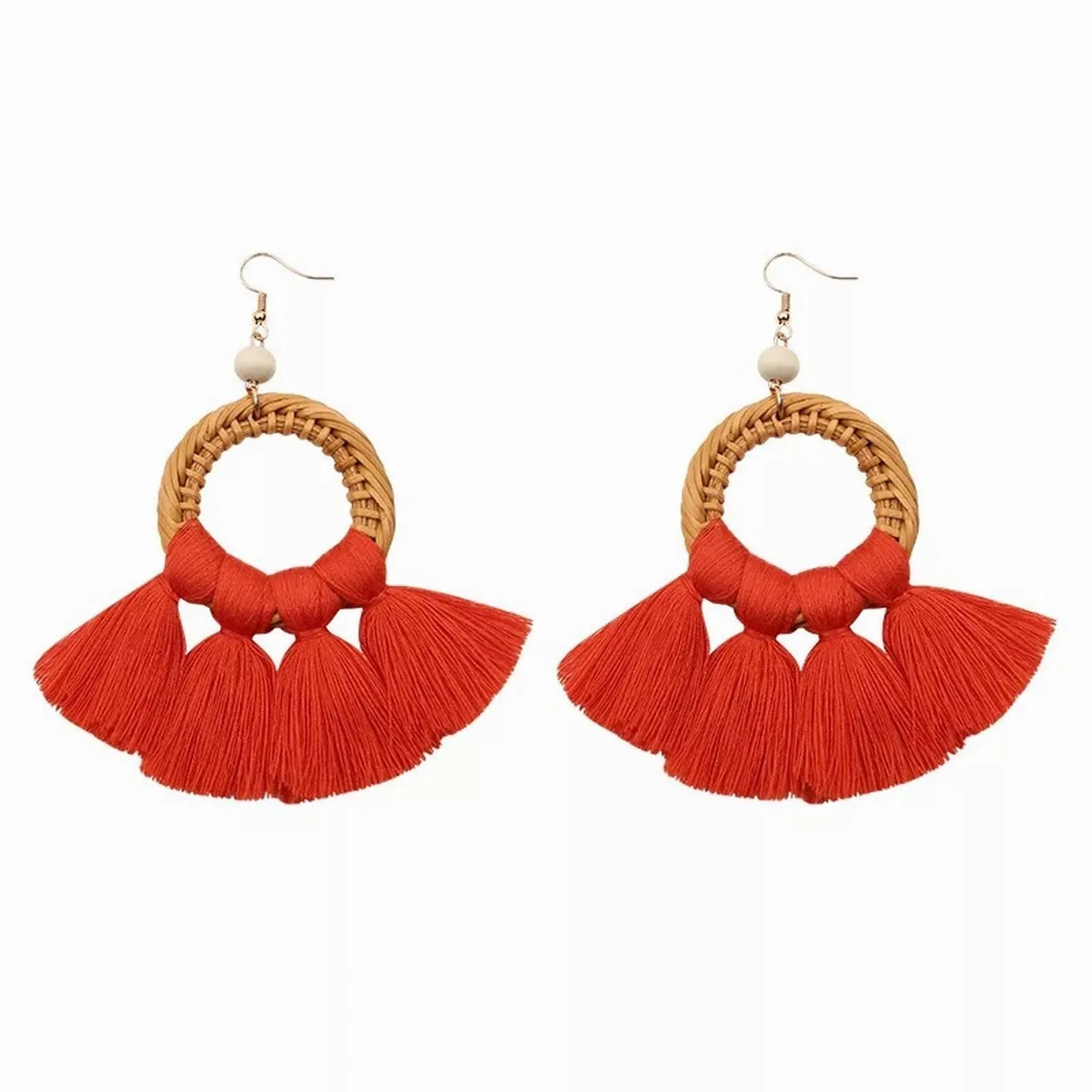 Woven Rattan Circle Earrings, Wicker Teardrop Earrings, Tassel Fan Earrings - Shop Statement Earrings